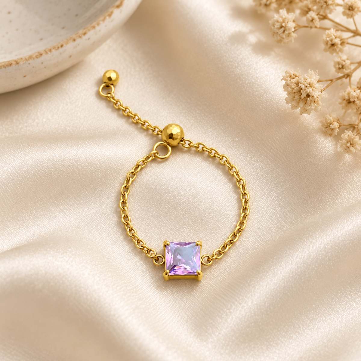 Alina Square Solitaire Adjustable Chain Ring