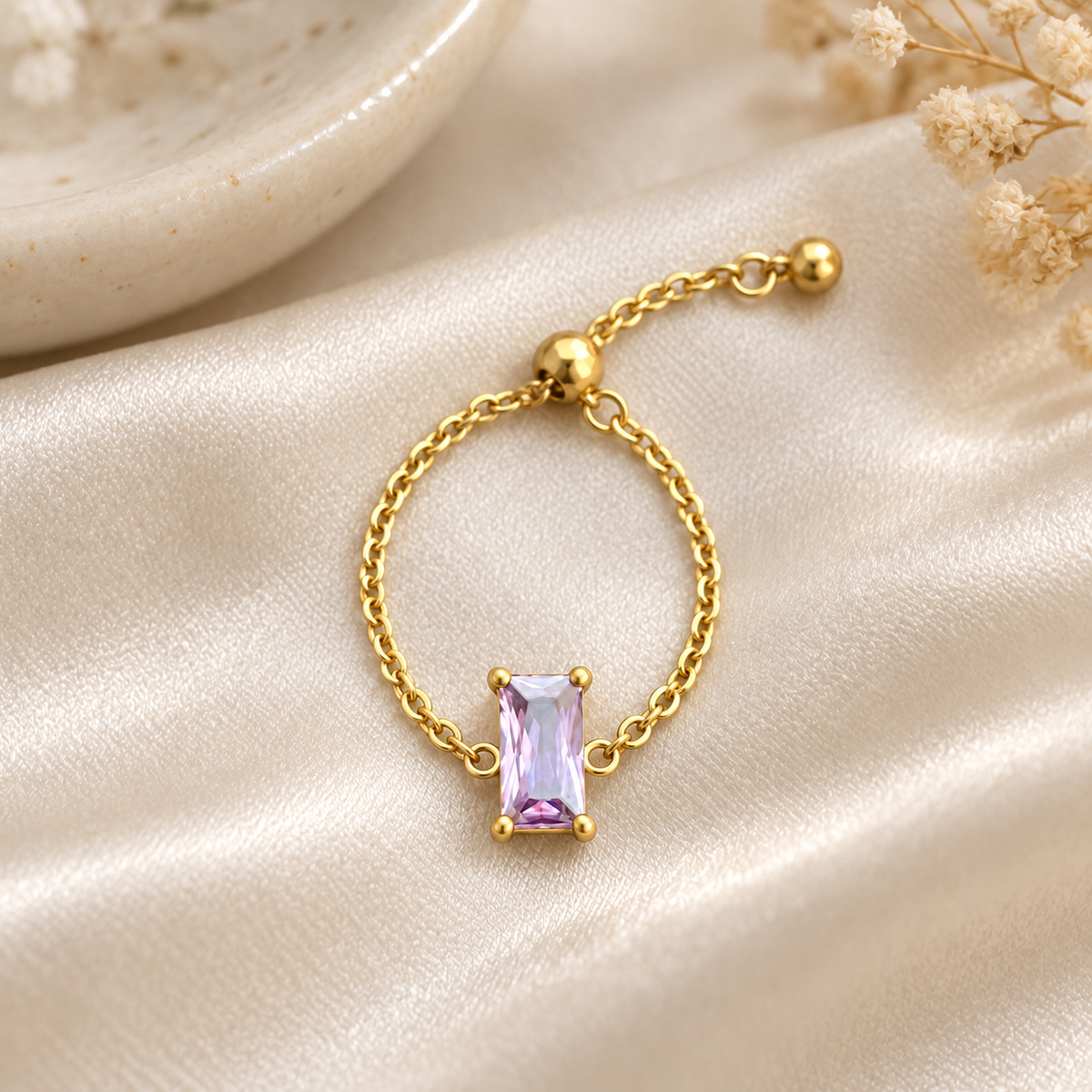 Kiara Baguette Solitaire Adjustable Chain Ring