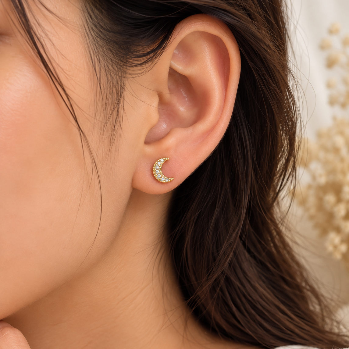 Crescent Moon Ball Back Stud Earrings