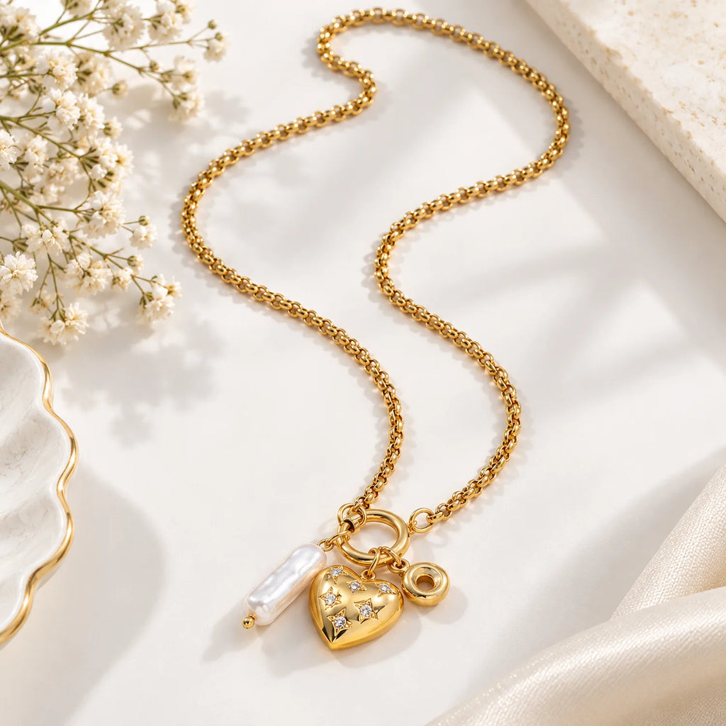 Heart Pearl Multi Charms Necklace