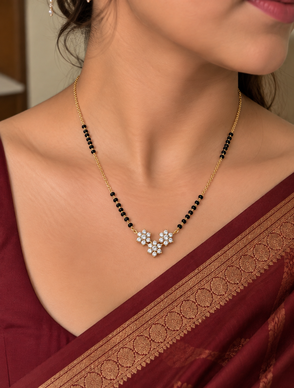 Avni Three Floral Black Bead Mangalsutra