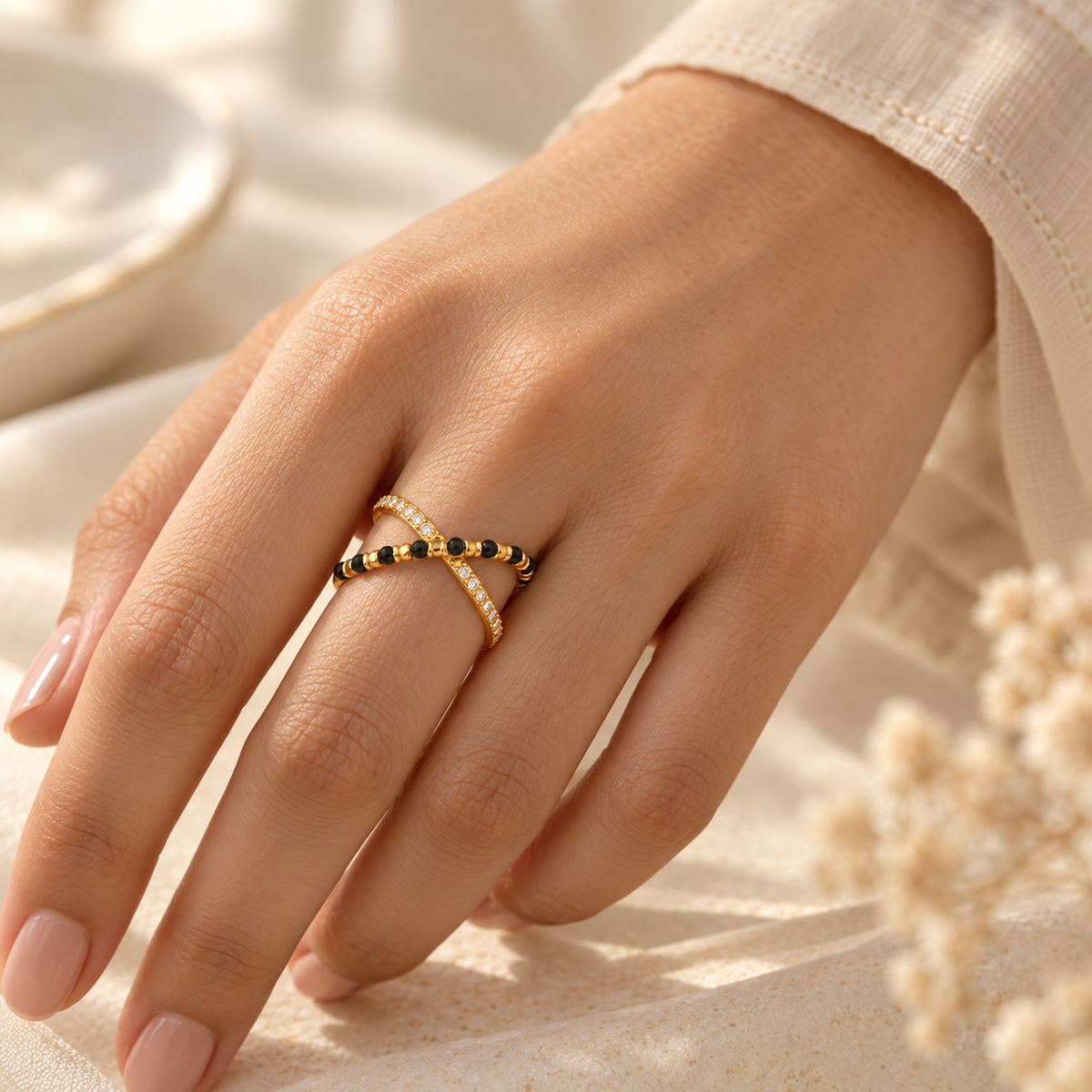 Criss Cross Black Bead Mangalsutra Ring